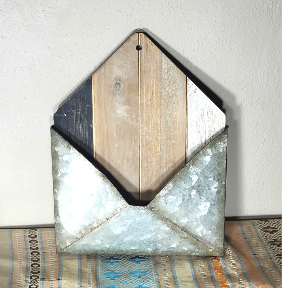 Rustic Galvanized Metal Envelope Wall Mail Holder Wood Plank Backboard 11x9